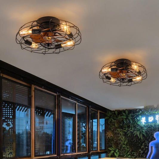 Contemporary Industrial Wood Grain Drum Cage Design Iron APS 3-Light Flush Mount Ceiling Fan Light for Living Room
