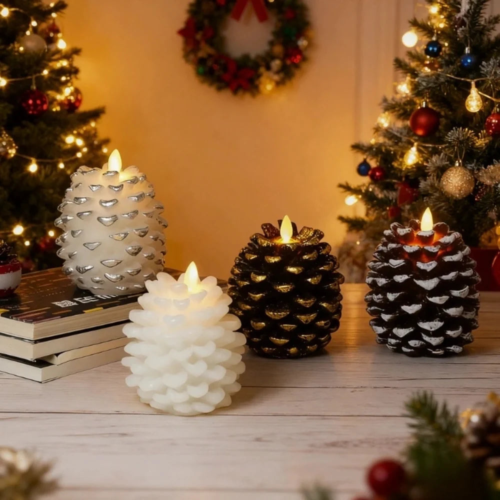 Four pinecone flameless candles in white, silver white, golden brown and white brown by a Christmas tree — Casa Norex