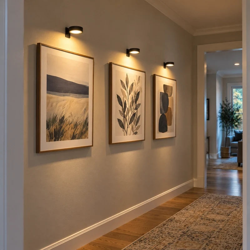 Row of three cordless picture lights along a hallway above framed art