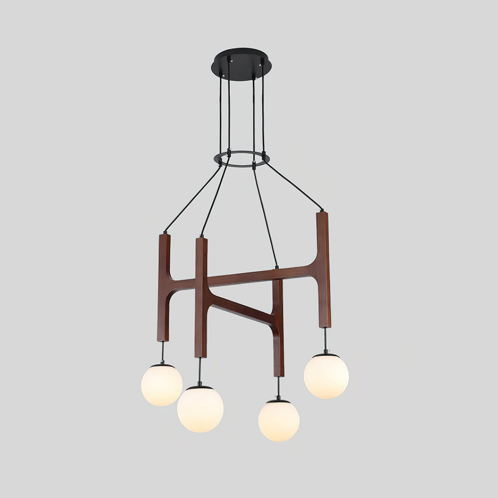 Wood chandelier graduated globe arrangement detail — Casa Norex