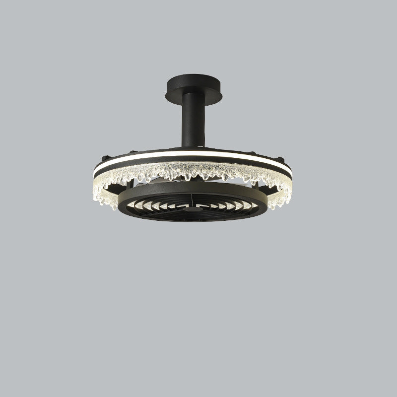 Contemporary Nordic Dome Round Iron Acrylic Ice Texture Edge LED Downrods Ceiling Fan Light For Living Room