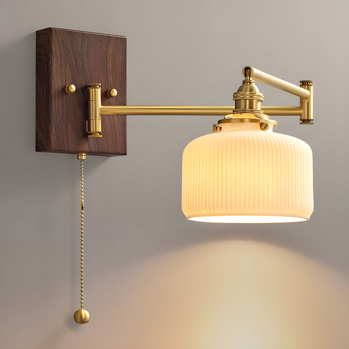 Ceramic wall sconce — white ceramic shade with brass and walnut | Casa Norex