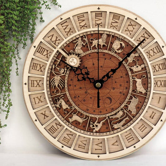 Close-up of wood grain and engraved constellation numerals on wall clock face