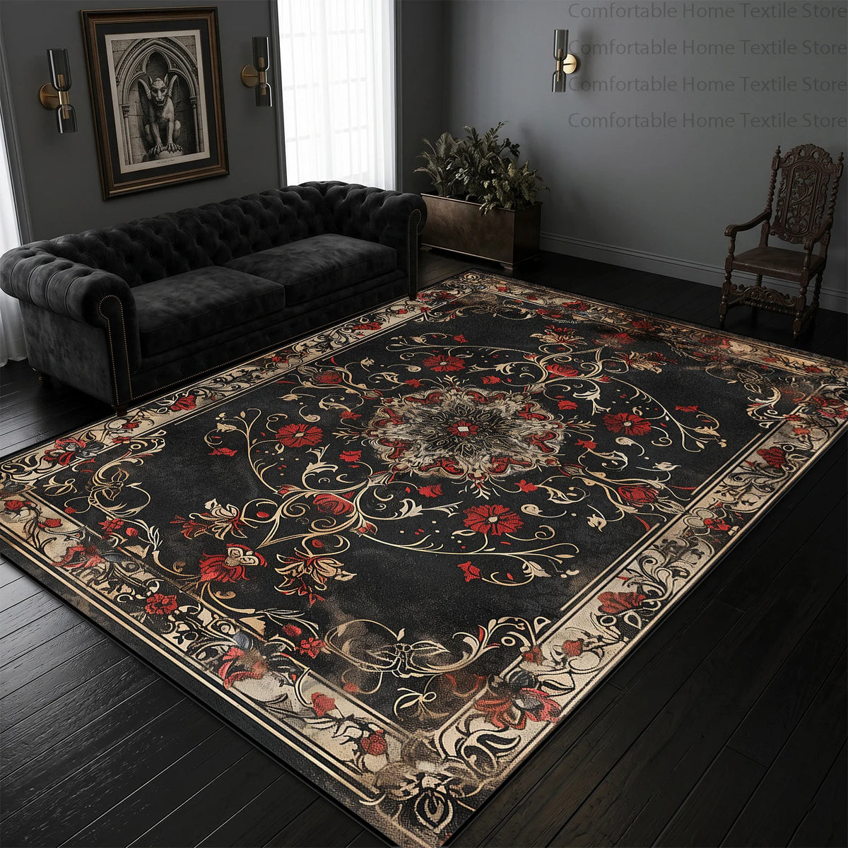 Black and gold Persian rug in living room setting | Casa Norex