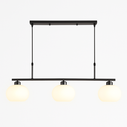 Frosted glass orb chandelier — linear silhouette with metal framework in black finish | Casa Norex