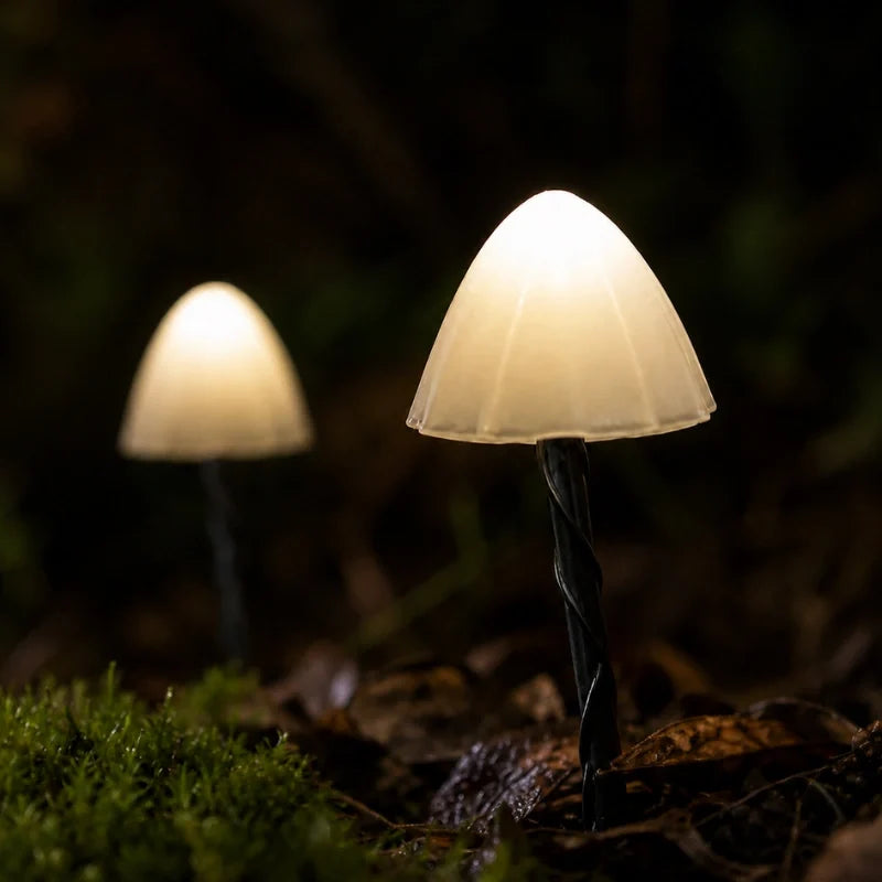 Close-up of two white mushroom lights with frosted caps on black stakes — Casa Norex