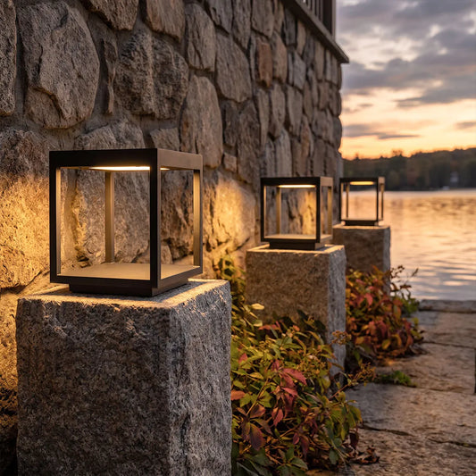 Concrete open-frame square pillar light open frame pillar light waterfront stone columns — Casa Norex