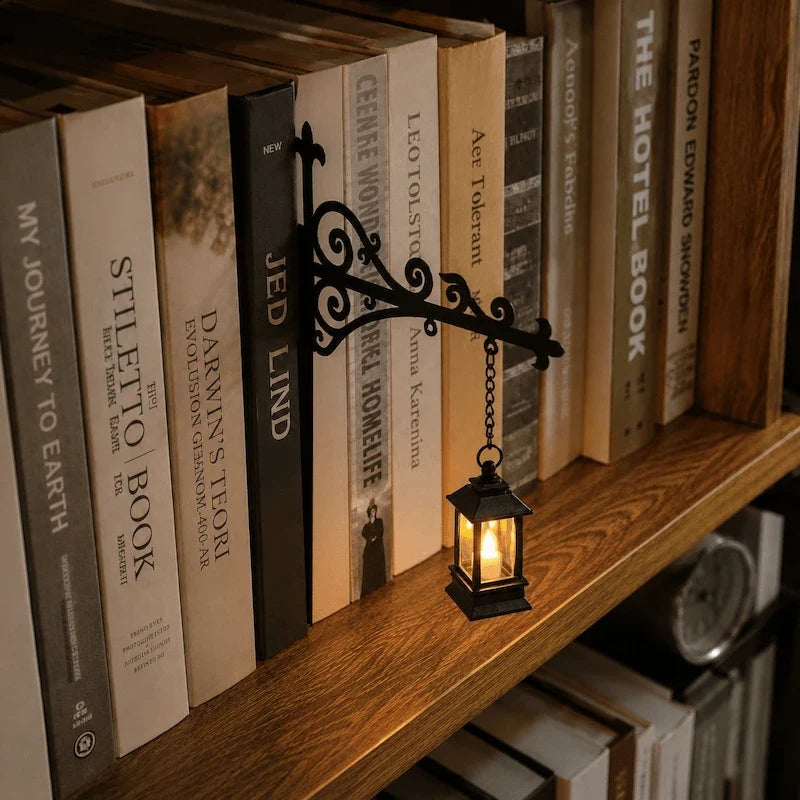 Wrought iron bracket holding a pendant light on a shelf of books — Casa Norex
