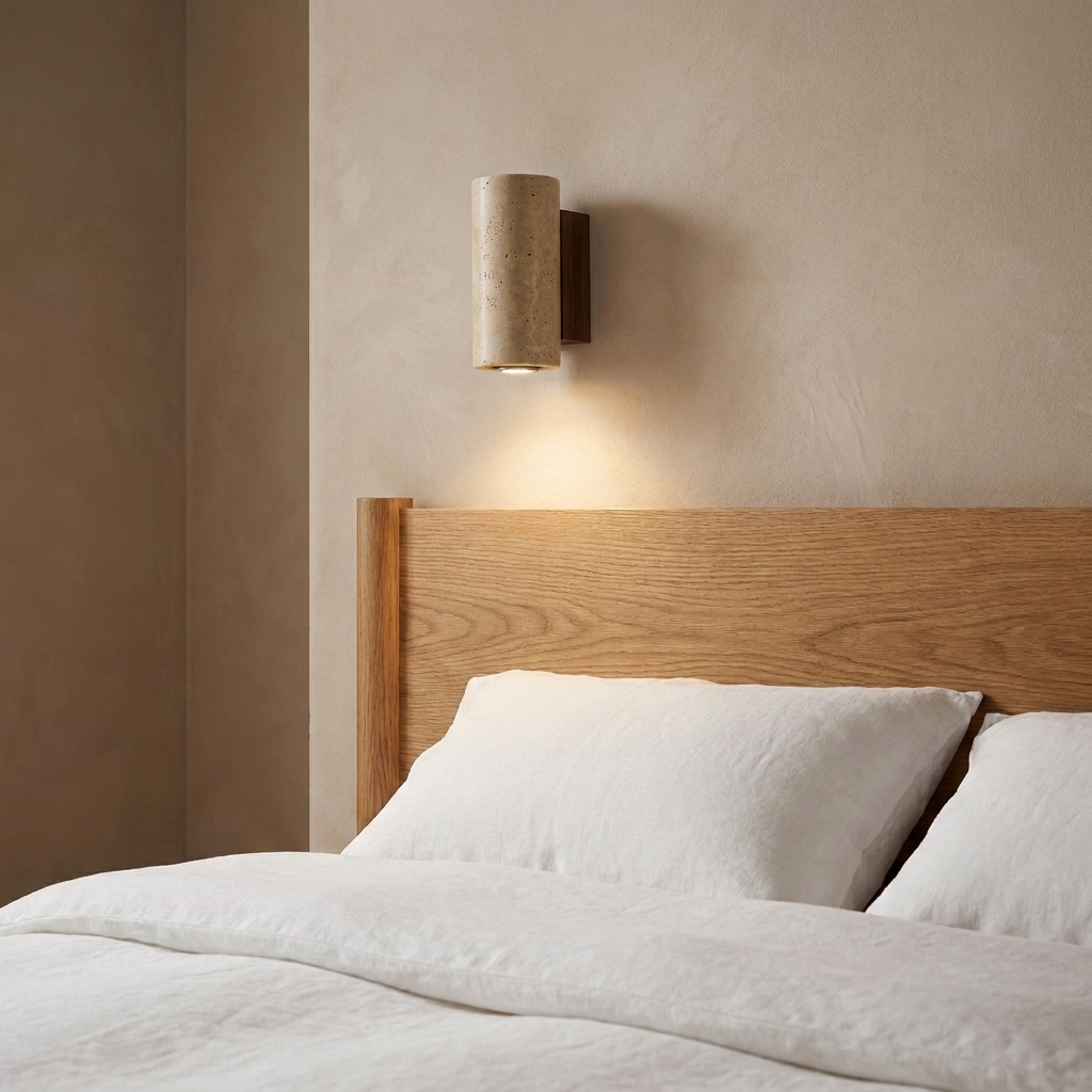 Wall sconce in bedroom setting — warm LED glow through stone-look shade | Casa Norex