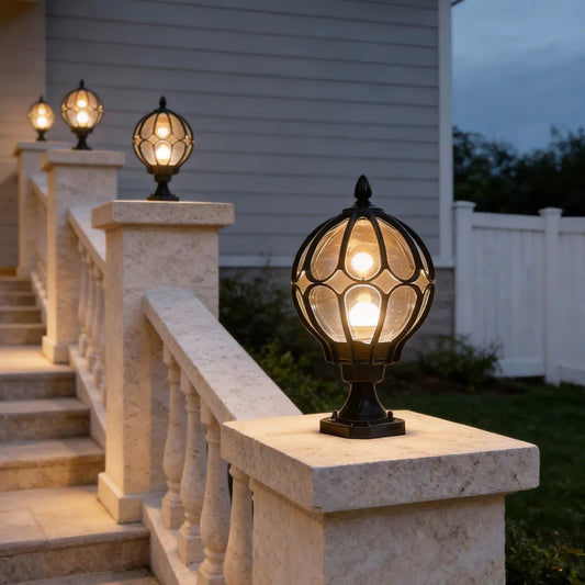 Globe post light on a staircase balustrade — Casa Norex