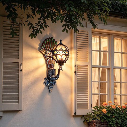 Peacock feather aluminum wall sconce peacock wall light ornate fan backplate exterior — Casa Norex