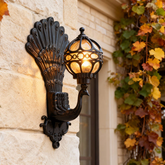 Peacock feather aluminum wall sconce peacock wall light stone wall exterior | Casa Norex