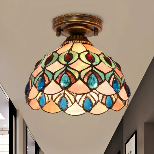 Tiffany flush mount in bedroom - blue stained glass glow - Casa Norex