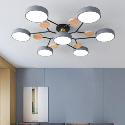 Gray 7-light branch ceiling light above a gray wall and sofa — Casa Norex