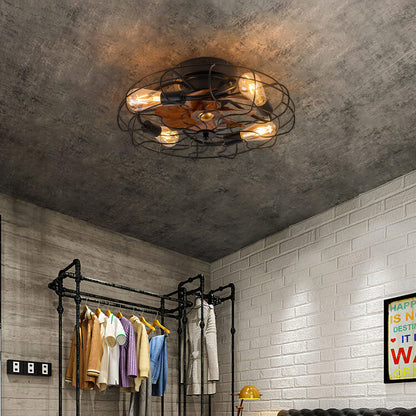 Contemporary Industrial Wood Grain Drum Cage Design Iron APS 3-Light Flush Mount Ceiling Fan Light for Living Room