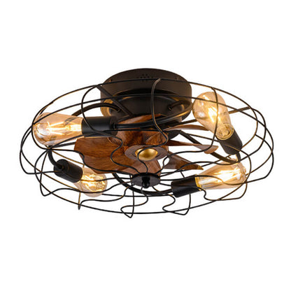 Contemporary Industrial Wood Grain Drum Cage Design Iron APS 3-Light Flush Mount Ceiling Fan Light for Living Room