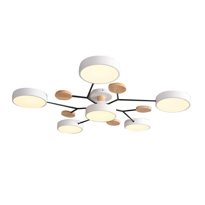 White branch ceiling light with LED discs lit on a white background — Casa Norex