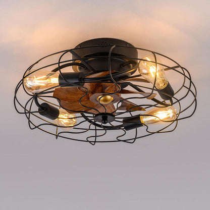 Contemporary Industrial Wood Grain Drum Cage Design Iron APS 3-Light Flush Mount Ceiling Fan Light for Living Room