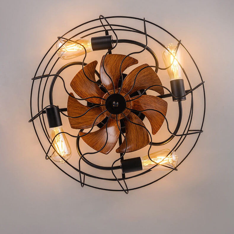 Contemporary Industrial Wood Grain Drum Cage Design Iron APS 3-Light Flush Mount Ceiling Fan Light for Living Room