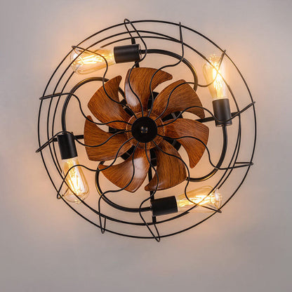 Contemporary Industrial Wood Grain Drum Cage Design Iron APS 3-Light Flush Mount Ceiling Fan Light for Living Room