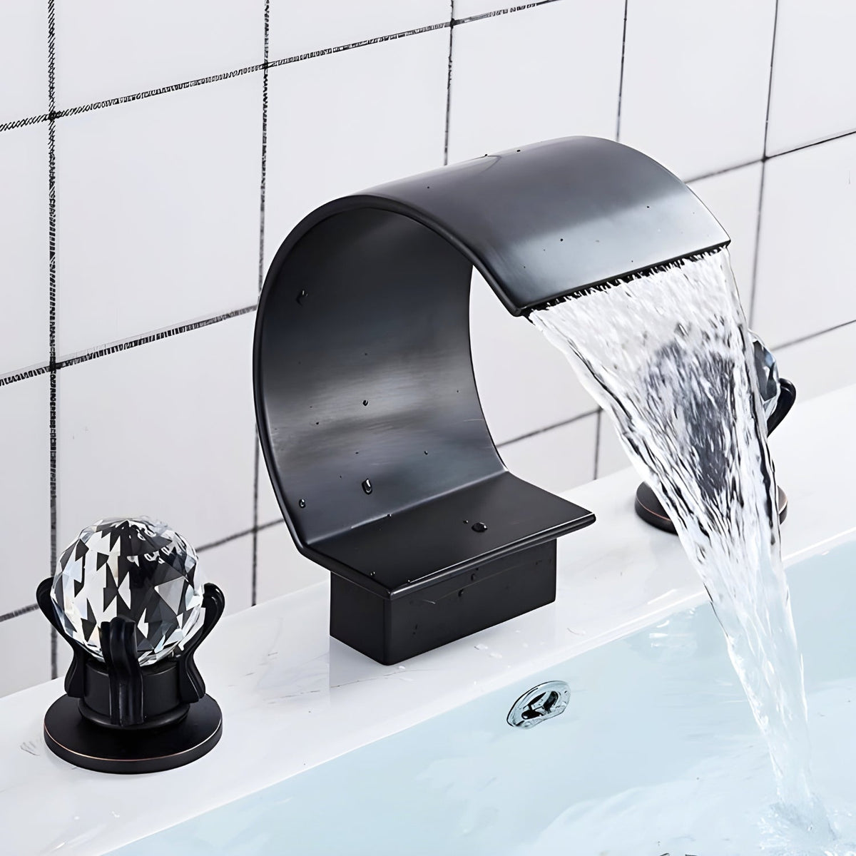 Crestfall Waterfall Bathroom Faucet install angle — Gold finish — Casa Norex