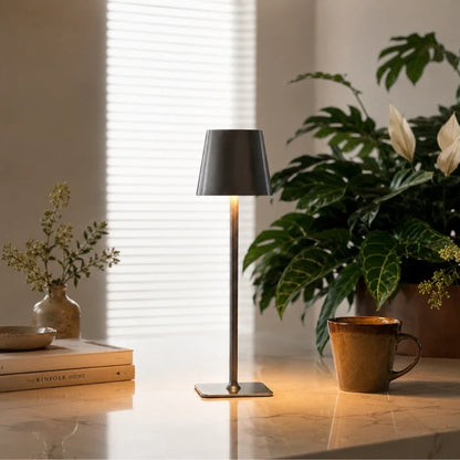 Silver table lamp by a window with plants — metallic grey finish — Casa Norex