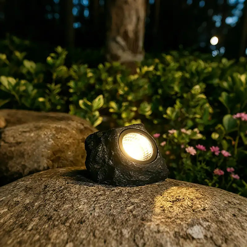 Close-up of a stone-look solar light glowing on a rock in a flower bed