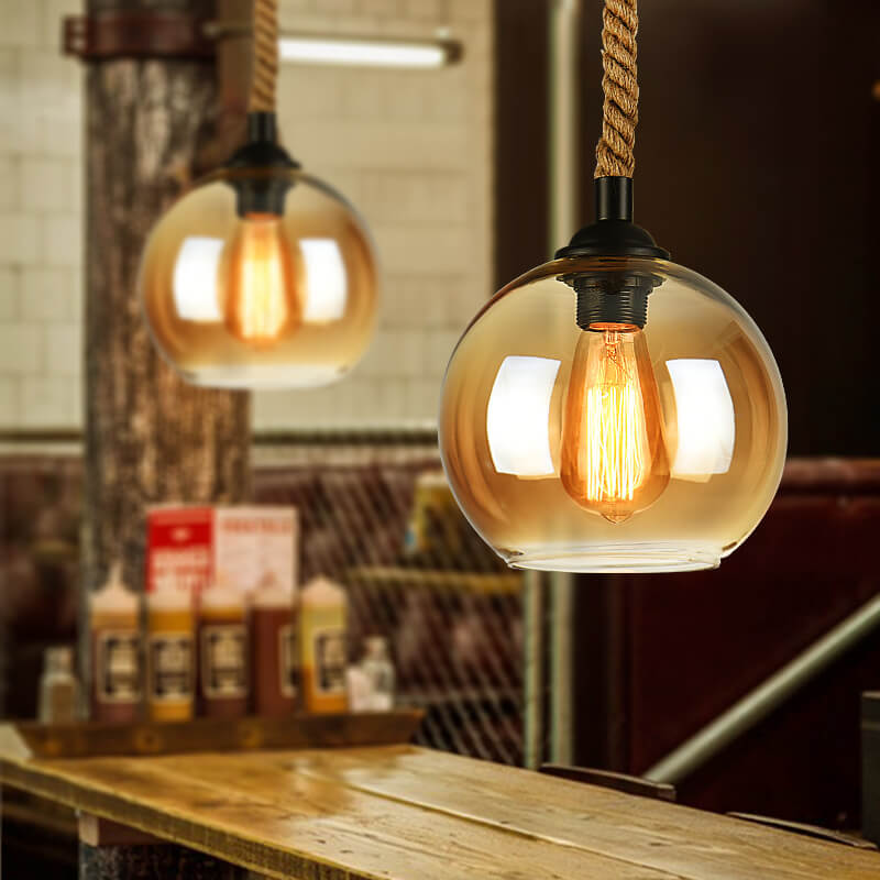 Vintage rope pendant light — clear glass globe shade with braided rope cord | Casa Norex