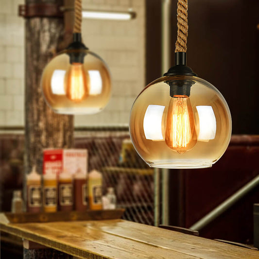 Vintage rope pendant light — clear glass globe shade with braided rope cord | Casa Norex