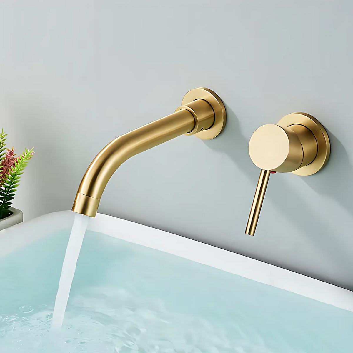 Close-up of solid brass spout and handle on Wallcrest Wall-Mounted Bathroom Faucet | Casa Norex