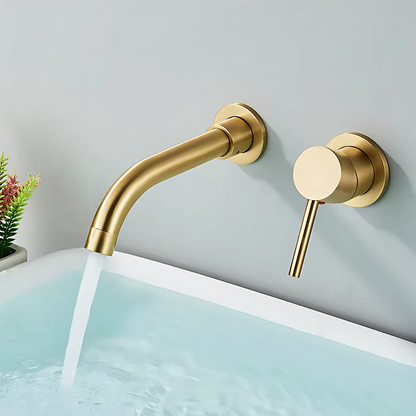 Close-up of solid brass spout and handle on Wallcrest Wall-Mounted Bathroom Faucet | Casa Norex