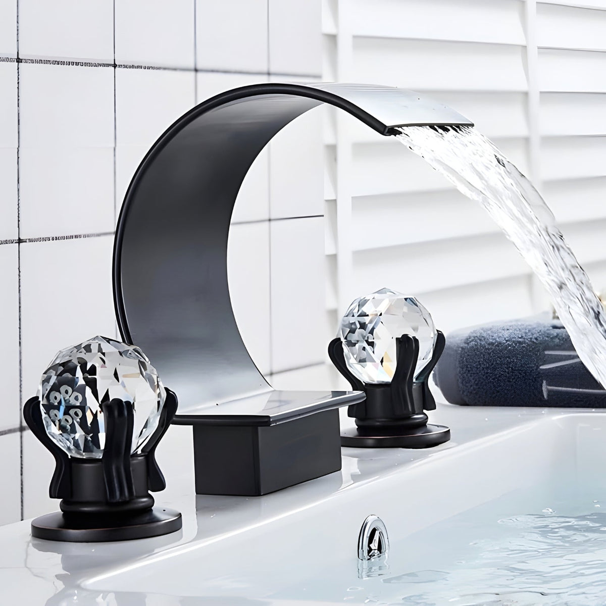 Crestfall Waterfall Bathroom Faucet lifestyle angle — Gold finish — Casa Norex