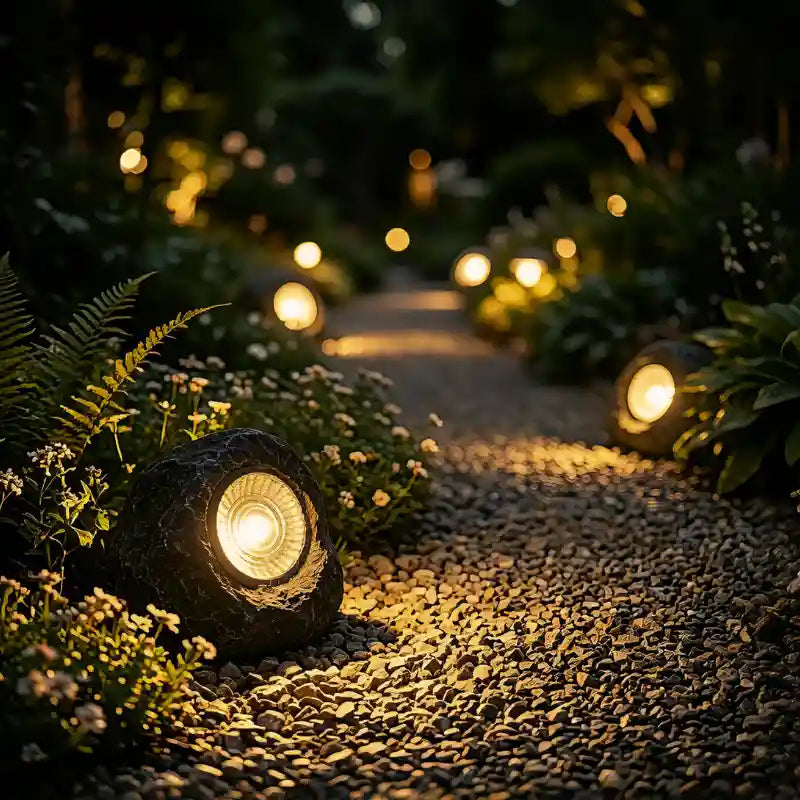 Fieldstone solar stone garden light glowing beside a gravel path at night