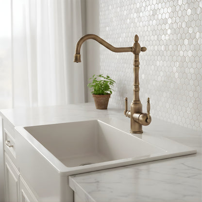 Claritas Kitchen Faucet spray head detail — Antique Brass finish — Casa Norex