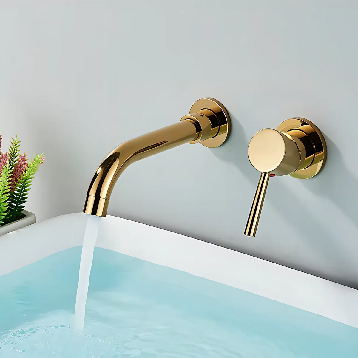 Wallcrest Wall-Mounted Bathroom Faucet installed — Matte Black finish angle view | Casa Norex