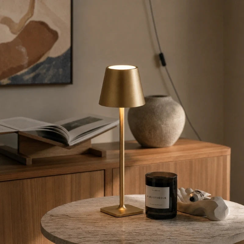 Gold cordless table lamp beside books and a vase — metallic finish | Casa Norex