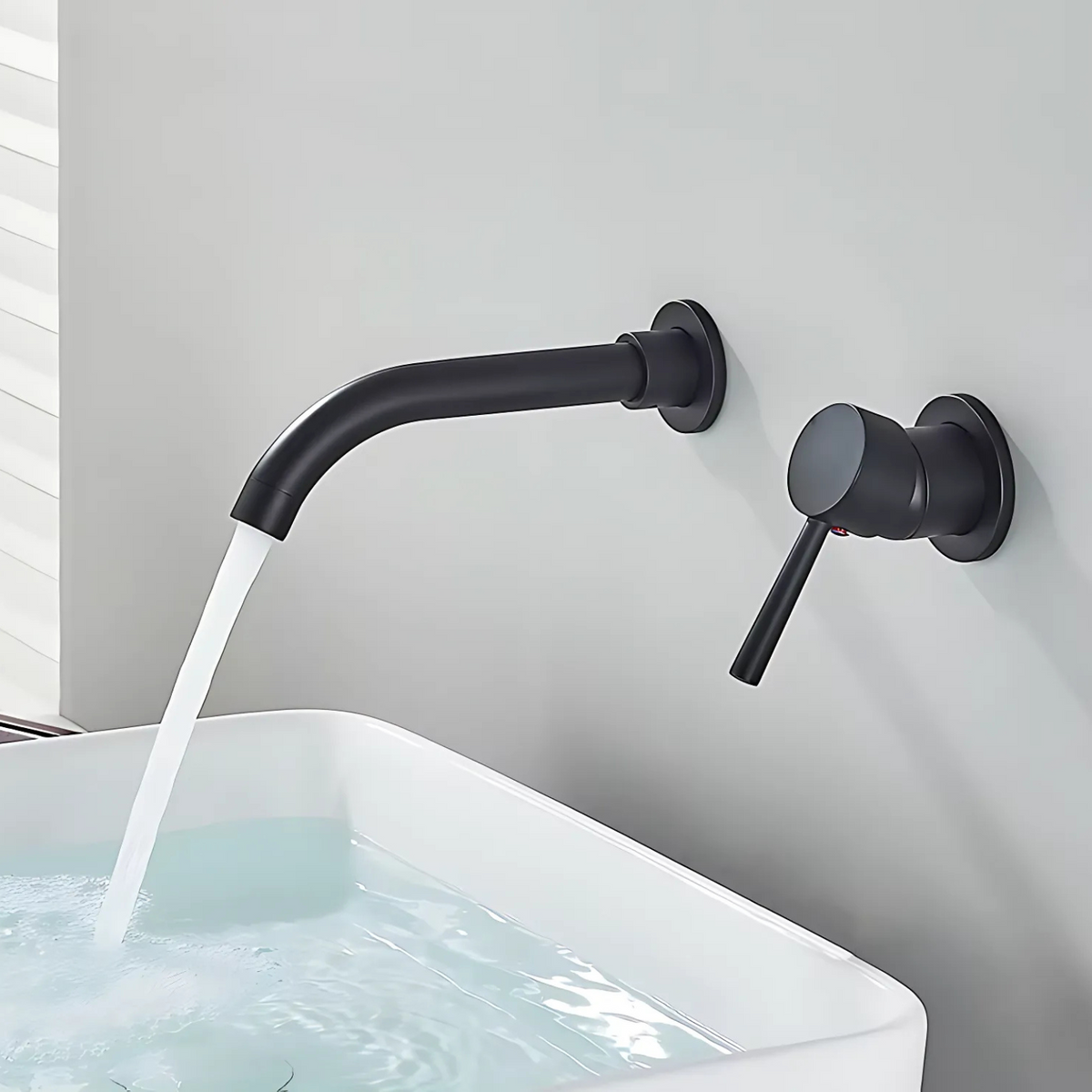 Wallcrest Wall-Mounted Bathroom Faucet handle detail — Matte Black finish — Casa Norex
