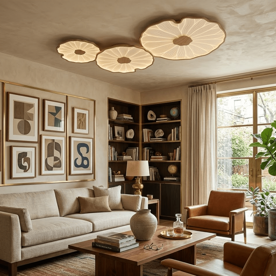Lotus Leaf Acrylic Ceiling Lamp – 11.8" Circular, Natural Wood Grain with Warm LED