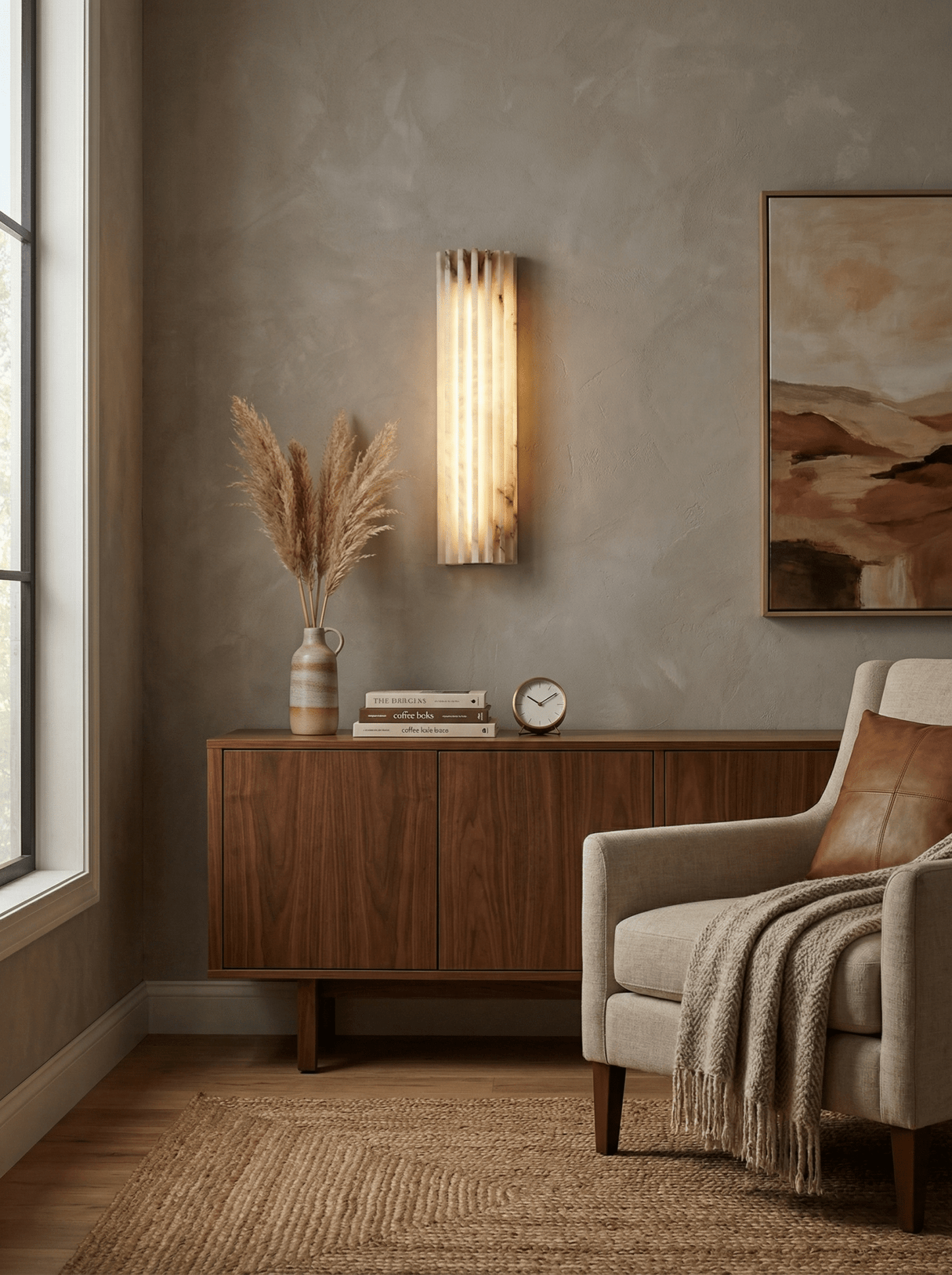 Alabaster wall sconce angle view — natural white stone | Casa Norex