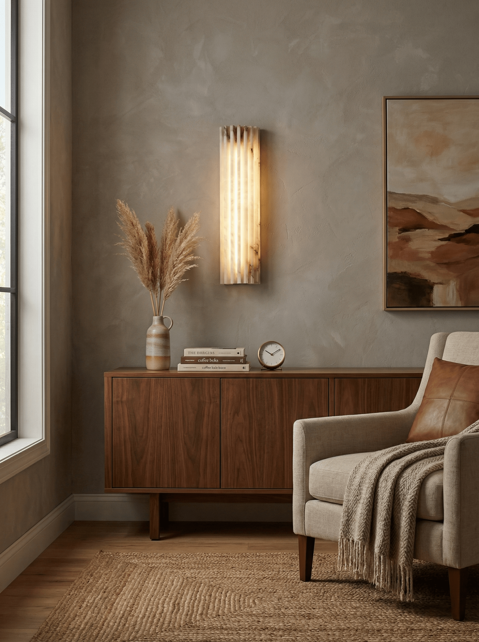 Alabaster wall sconce angle view — natural white stone | Casa Norex