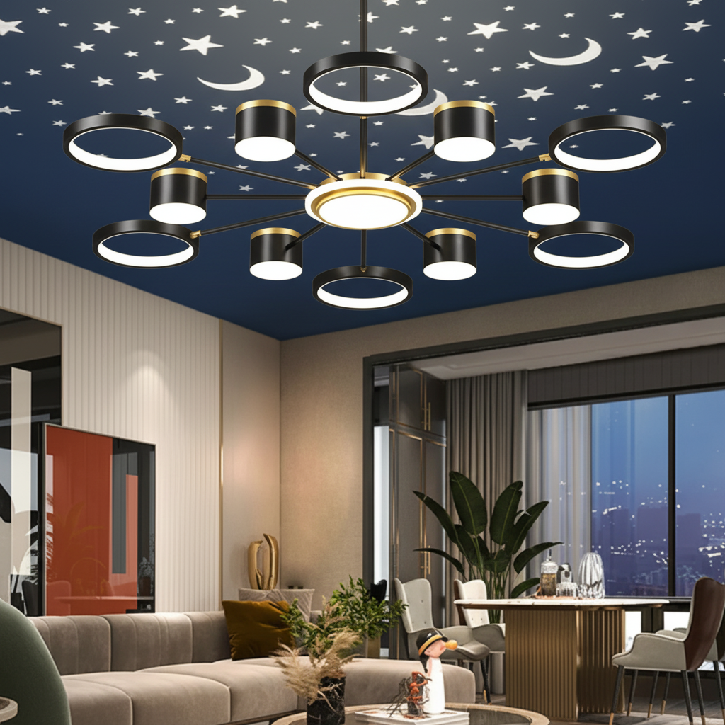 Aurora Starry Cluster Chandelier dimension diagram — Ø120cm, 128W, canopy and ring sizes | Casa Norex