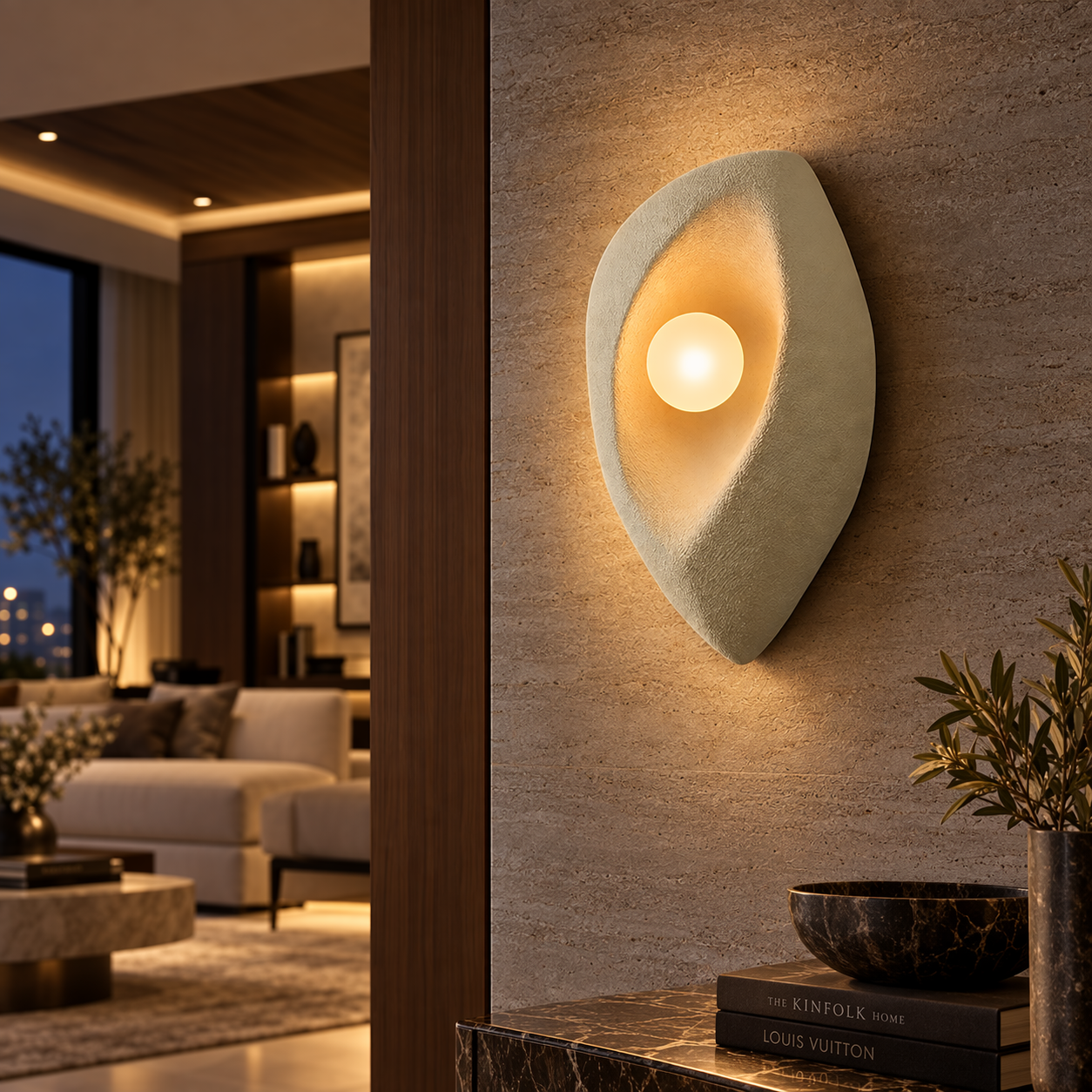 Nordic swing-arm wall sconce — resin body in beige plated finish — Casa Norex