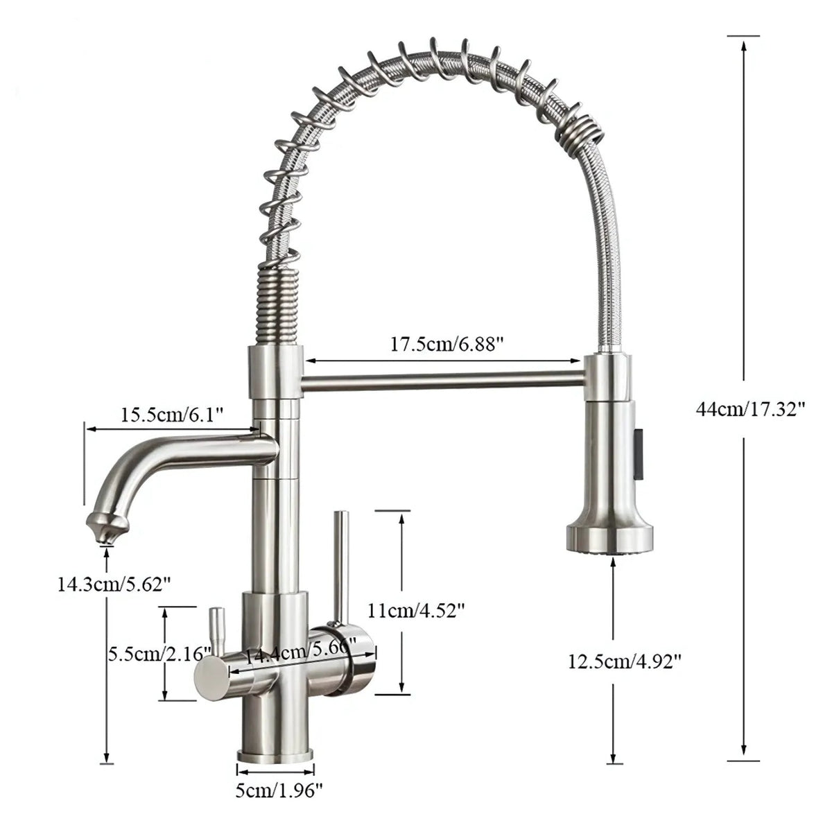 Glenmore 3-Way Filtered Pull-Down Kitchen Faucet — 2 available finishes, angled view | Casa Norex
