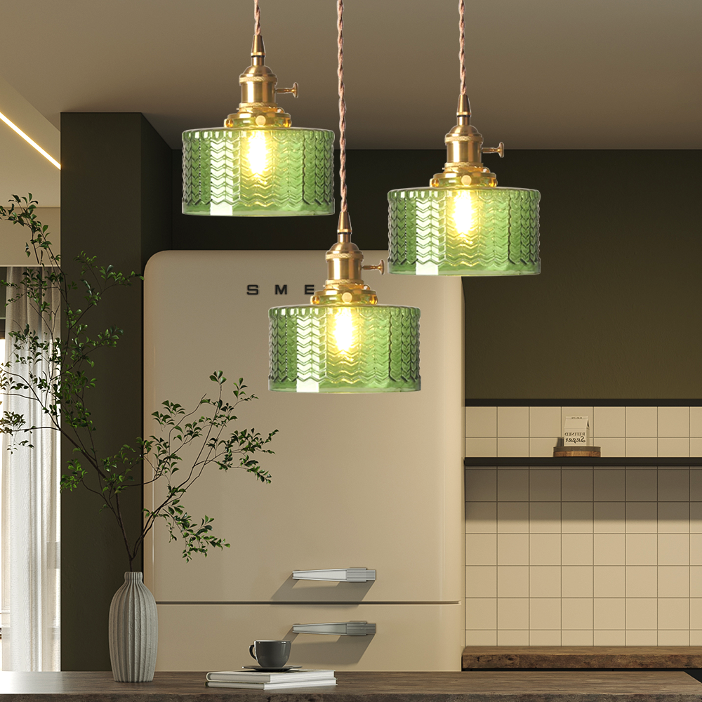 Vintage cylinder pendant light stripe-style shade over dining table — Casa Norex