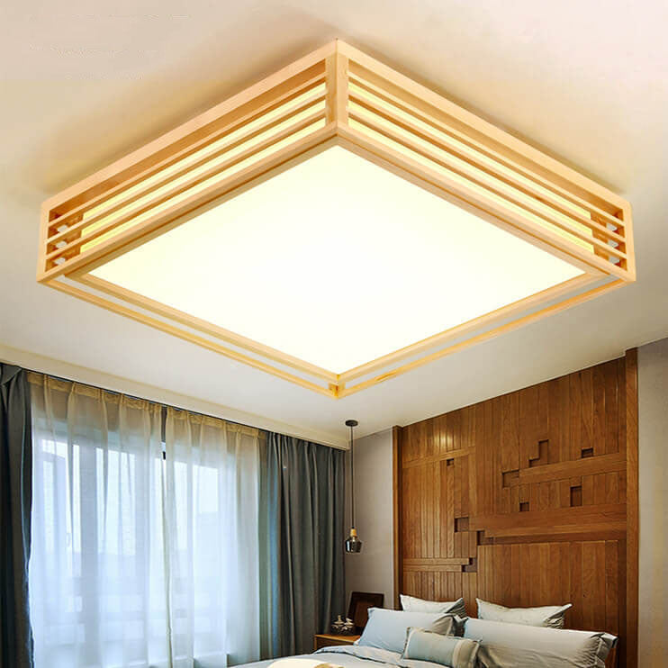 Flush Mount Ceiling Light alternate angle detail — acrylic diffuser in solid wood frame | Casa Norex