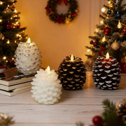 Four pinecone flameless candles in white, silver white, golden brown and white brown by a Christmas tree — Casa Norex