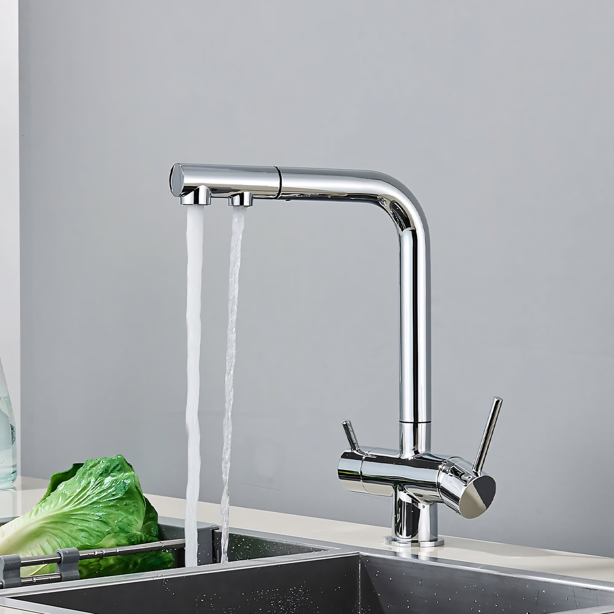 Clearwell 3-Way Filtered Pull-Out Kitchen Faucet — solid brass body with ABS sprayer, angled view | Casa Norex