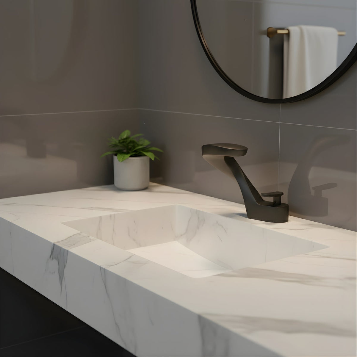 Belmara Bathroom Faucet installed — Black finish angle view | Casa Norex