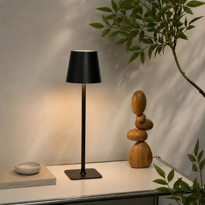 Matte black table lamp on a shelf beside a plant and a wooden figure — Casa Norex