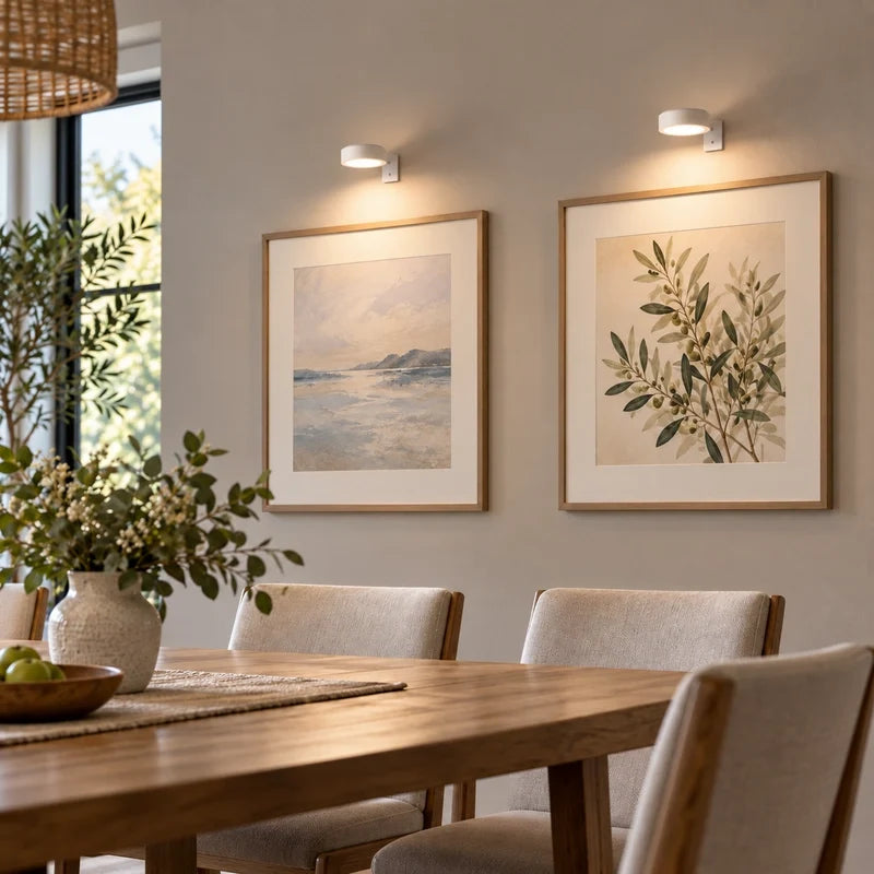 White cordless picture light over framed botanical prints above a dining table